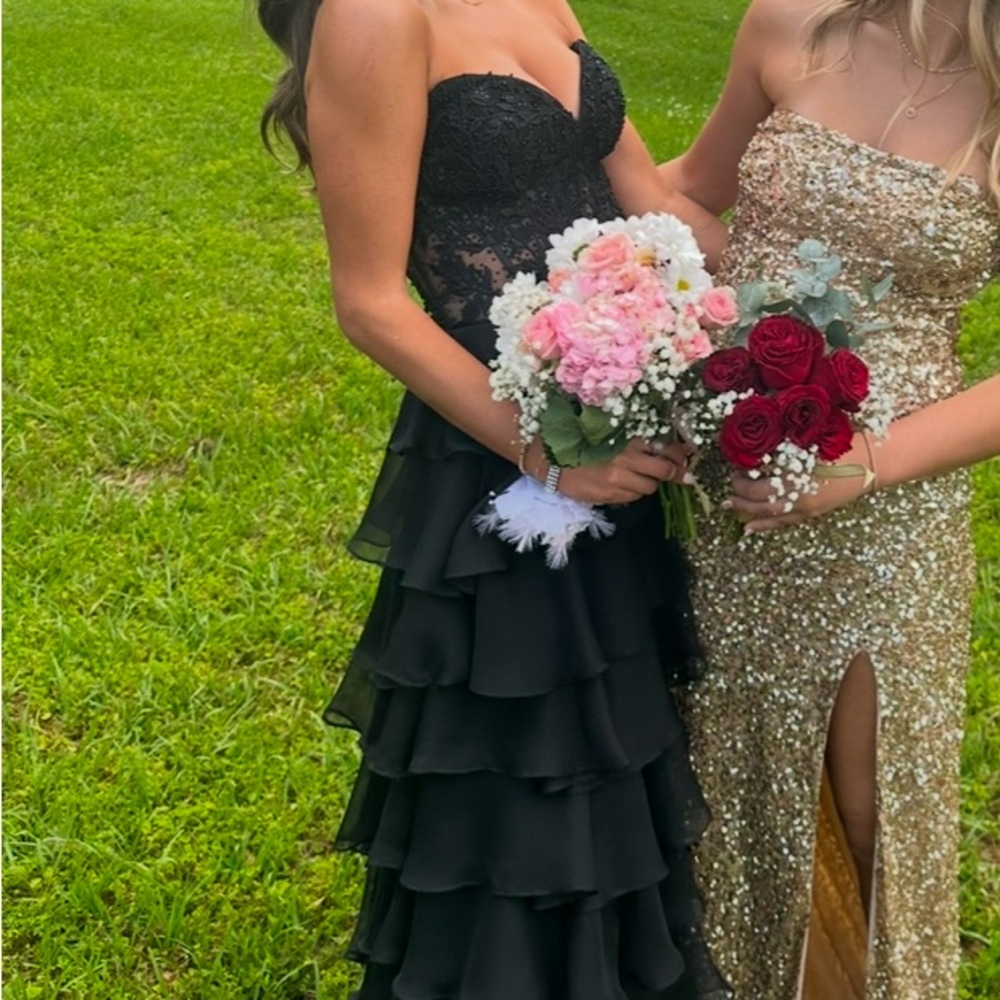 SHERRI HILL black corset ruffle dress